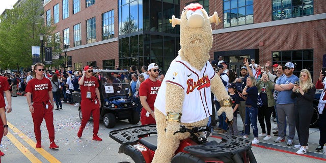 Braves mascot Blooper entertains the fans prior to the game between the Atlanta Braves and Cincinnati Reds at Truist Park in Atlanta, Georgia, on April 7, 2022.