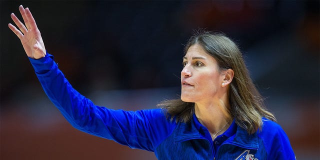 Head Coach Brenda Mock Kirkpatrick of the North Carolina Asheville Bulldogs coaches during a college basketball game between the Tennessee Lady Volunteers and the North Carolina Asheville Bulldogs at Thompson Bowling Arena in Knoxville, Tennessee on November 14, 2018. are doing 