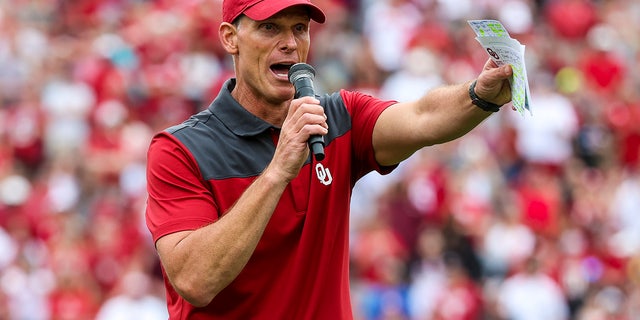 April 23, 2022;  Norman, Oklahoma, USA;  Oklahoma Sooners head coach Brent Venables speaks to the crowd during the spring game at Gaylord Family Oklahoma Memorial Stadium.