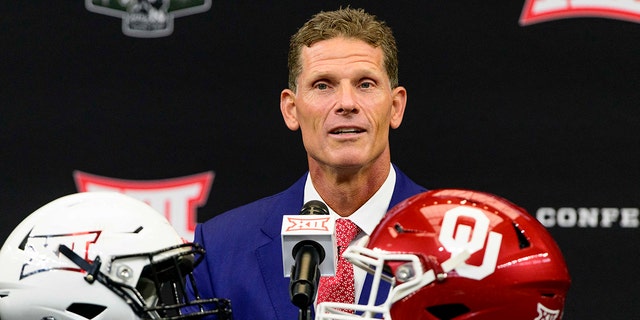 Oklahoma Sooners head coach Brent Venables is interviewed during Big 12 Media Day at AT&T Stadium in Arlington, Texas on July 14, 2022.