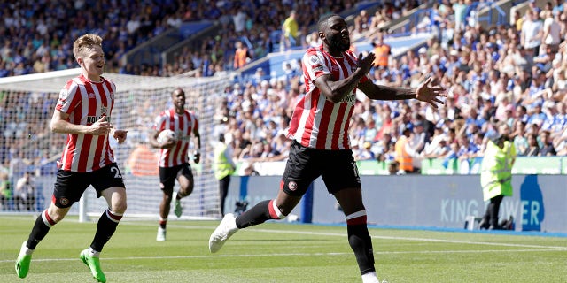 Brentford's Josh DaSilva celebrates after scoring his team's second goal to make the score 2-2 during the English Premier League soccer match between Leicester City and Brentford at the King Power Stadium in Leicester, England, Sunday, Aug. 7. 2022.