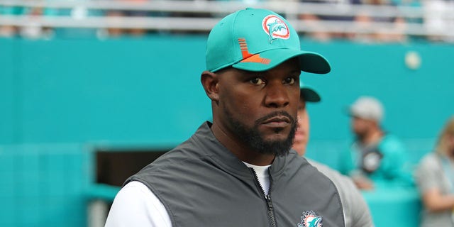 Former Miami Dolphins head coach Brian Flores before a game against the New England Patriots at Hard Rock Stadium on Jan. 9, 2022, in Miami Gardens, Florida.