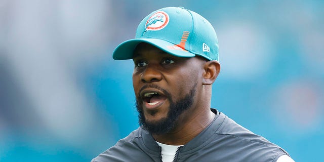 Head coach Brian Flores of the Miami Dolphins looks on prior to an NFL game against the New England Patriots at Hard Rock Stadium in Miami Gardens, Florida, on Jan. 9, 2022. Flores was fired at the end of the season.