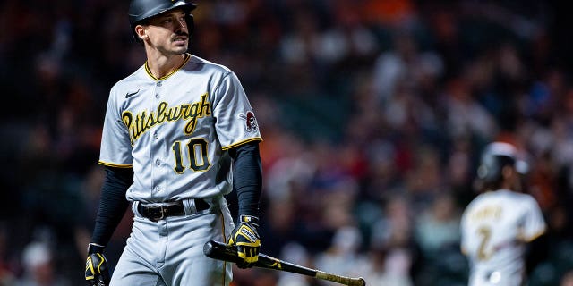 Pittsburgh Pirates center fielder Bryan Reynolds walks back to the dugout after striking out against the San Francisco Giants on Aug. 12, 2022, at Oracle Park in San Francisco, California.