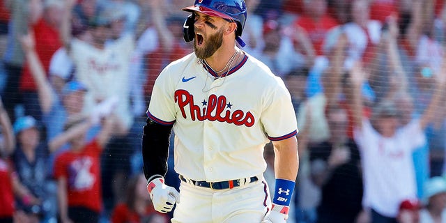 Bryce Harper of the Philadelphia Phillies celebrates after hitting a grand slam during the eighth inning against the Los Angeles Angels at Citizens Bank Park June 5, 2022, in Philadelphia.