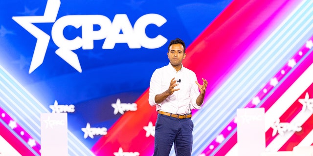 Vivek Ramaswamy addresses the crowd at CPAC 2022 in Dallas, Texas.