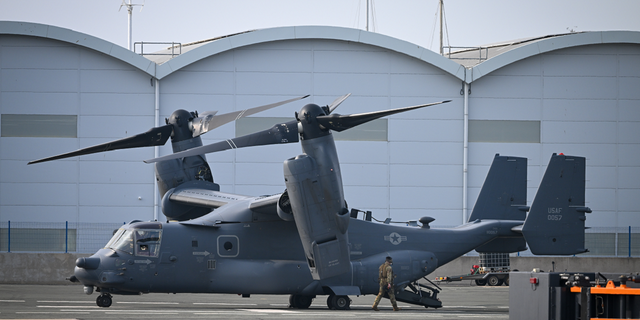 A U.S. Air Force CV-22 Osprey tiltrotor military aircraft is seen in Portland, England, in March.