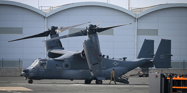 A U.S. Air Force CV-22 Osprey tiltrotor military aircraft is seen in Portland, England, in March.