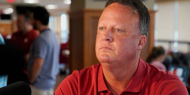 Oklahoma offensive coach Cale Gundy speaks during an NCAA college football media day, Tuesday, Aug. 2, 2022, in Norman, Oklahoma.