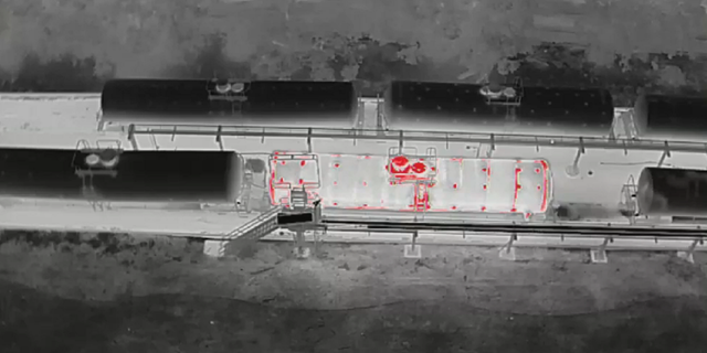 An aerial image showing the rail car that is leaking chemicals in Perris, Calif.