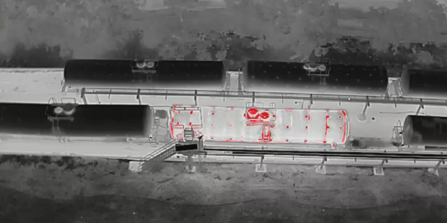 An aerial image showing nan obstruction car that is leaking chemicals successful Perris, Calif. successful 2022.