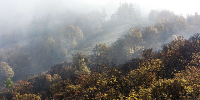 Cannon Mountain is seen with rolling mist in the fall of 2018.