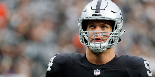 Defensive end Carl Nassib #94 of the Las Vegas Raiders warms up before the game against the Chicago Bears at Allegiant Stadium on October 10, 2021 in Las Vegas.
