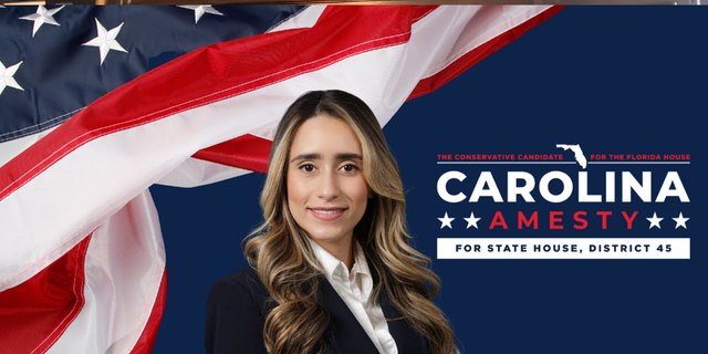 A banner for Carolina Amesty, who is running for State House in Florida’s District 45 as a Republican candidate. 