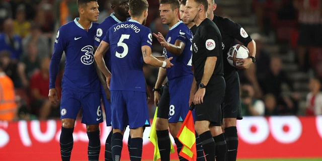 Chelsea players during the English Premier League soccer match between Southampton and Chelsea at St Mary's Stadium, Southampton, England, Tuesday, Aug. 30, 2022.