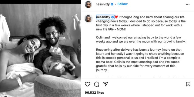 Colin Kaepernick's girlfriend posted about the birth of their first child on Instagram.