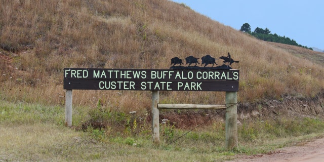 A sign for buffalo corrals at Custer State Park in South Dakota
