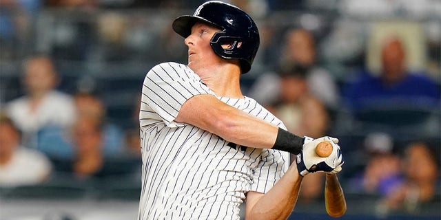 New York Yankees' DJ LeMahieu hits a single during the fourth inning of a baseball game against the Seattle Mariners, Monday, Aug. 1, 2022, in New York. 