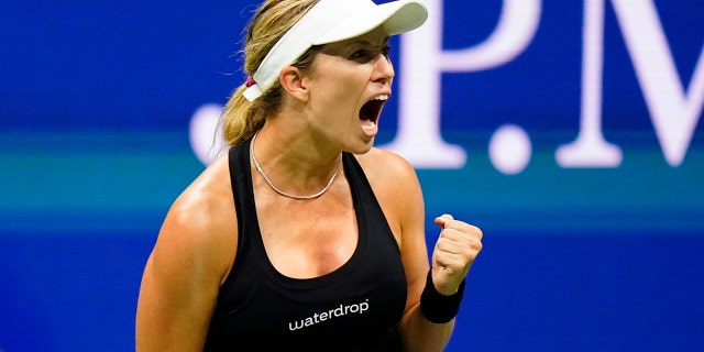 Danielle Collins, of the United States, reacts during a match against to Naomi Osaka, of Japan, at the first round of the US Open tennis championships, Tuesday, Aug. 30, 2022, in New York.