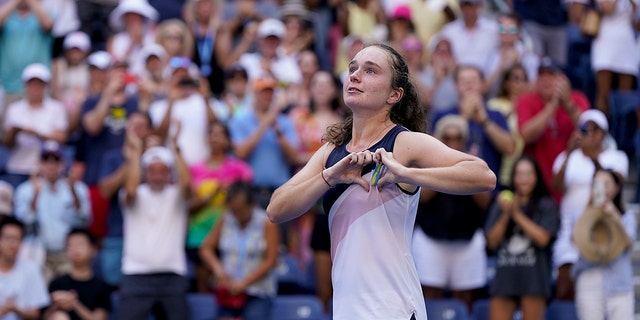 Daria Snigur, of Ukraine, reacts after upsetting Simona Halep, of Romania, during the first round of the US Open tennis championships, Monday, Aug. 29, 2022, in New York.
