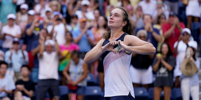 Daria Snigur, of Ukraine, reacts after upsetting Simona Halep, of Romania, during the first round of the US Open tennis championships, Monday, Aug. 29, 2022, in New York.