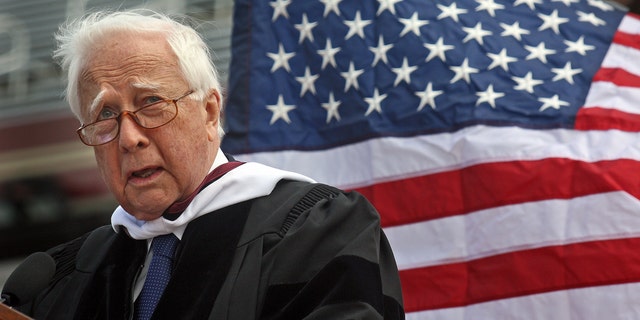 David McCullough gives the address to graduates during the Boston College commencement held in Alumni Stadium. 