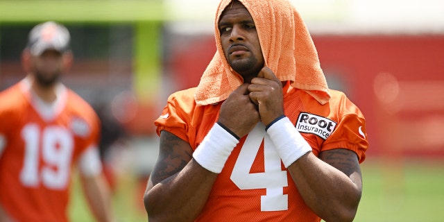 Cleveland Browns quarterback Deshaun Watson (4) looks on during training camp at CrossCountry Mortgage Campus, July 28, 2022, in Berea, Ohio.