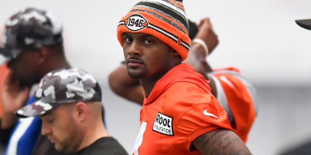 Deshaun Watson #4 of the Cleveland Browns looks on during Cleveland Browns training camp at CrossCountry Mortgage Campus on July 27, 2022 in Berea, Ohio.