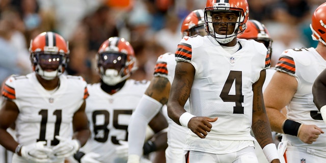 Cleveland Browns quarterback Deshaun Watson (4) is shown during the preseason game against the Jacksonville Jaguars on Aug. 12, 2022, at TIAA Bank Field in Jacksonville, Florida.
