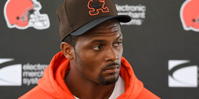 Deshaun Watson of the Cleveland Browns listens to questions during a press conference prior to a joint practice with the Philadelphia Eagles on Aug. 18, 2022, in Berea, Ohio.