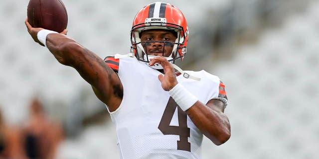 Deshaun Watson of the Cleveland Browns warms up before the Jaguars game at TIAA Bank Field on Aug. 12, 2022, in Jacksonville, Florida.