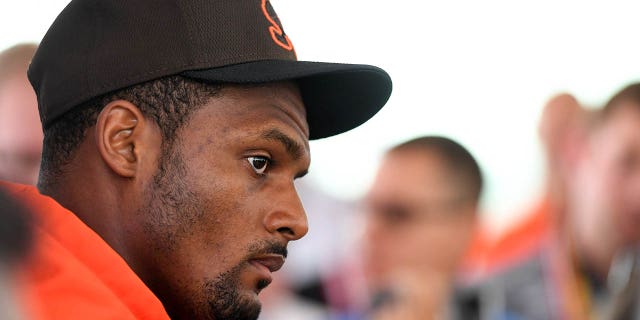 Watson listens to questions during a press conference prior to a joint practice with the Philadelphia Eagles at CrossCountry Mortgage Campus in Berea, Ohio, on Thursday, Aug. 18, 2022.