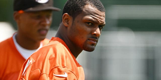 Cleveland Browns quarterback Deshaun Watson during training camp at the CrossCountry Mortgage Campus July 28, 2022, in Berea, Ohio.