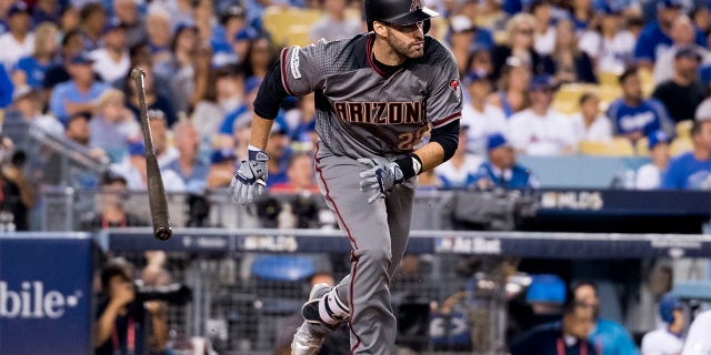 JD Martinez, #28 of the Arizona Diamondbacks, at bat during Game Two of the National League Division Series against the Los Angeles Dodgers at Dodger Stadium on October 7, 2017 in Los Angeles.