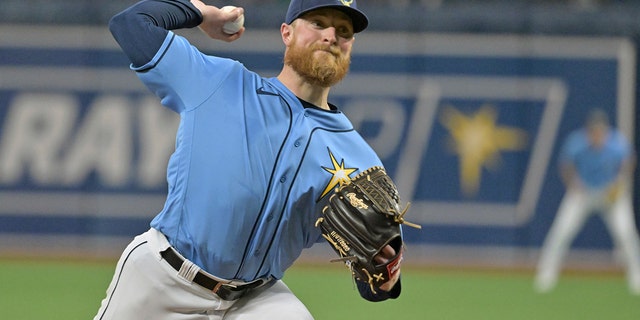 Tampa Bay Rays starter Drew Rasmussen pitches against the Baltimore Orioles, Sunday, Aug. 14, 2022, in St. Petersburg, Florida.