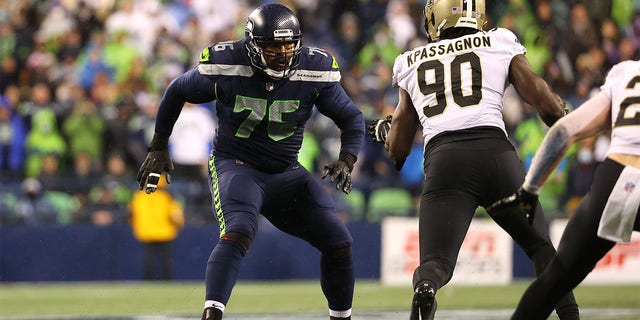 Duane Brown #76 of the Seattle Seahawks blocks in the fourth quarter against the New Orleans Saints at Lumen Field on October 25, 2021 in Seattle, Washington. 