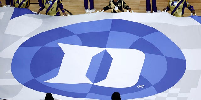 The Duke Blue Devils flag is seen during the 2022 NCAA Men's Basketball Tournament Final Four semifinal at Caesars Superdome in New Orleans, Louisiana, on April 2, 2022.