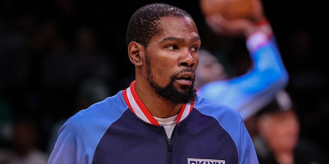 Kevin Durant of Brooklyn Nets warms up before NBA playoffs between Brooklyn Nets and Boston Celtics at the Barclays Center in Brooklyn of New York City, United States on April 25, 2022.