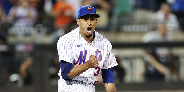 Edwin Diaz of the New York Mets reacts after pitching the final out against the Philadelphia Phillies at Citi Field on Aug.  13, 2022, in New York City.