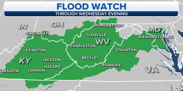 A Flood Watch is in place through Wednesday evening from eastern Kentucky across West Virginia
