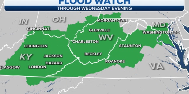 A Flood Watch is in place through Wednesday evening from eastern Kentucky across West Virginia