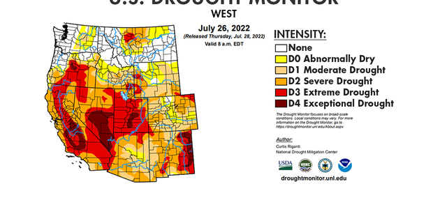US Drought Monitor map showing drought intensity levels across the western US