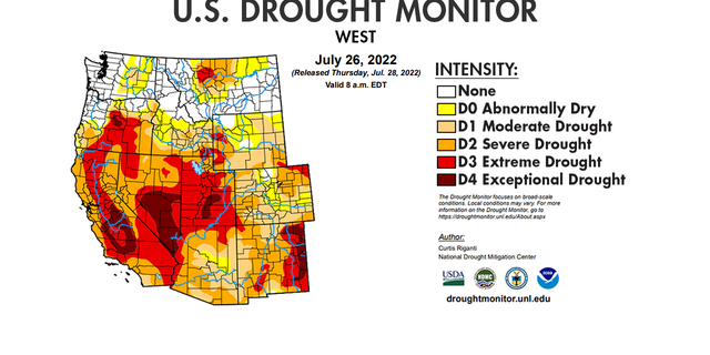 US Drought Monitor map showing drought intensity levels across the western US