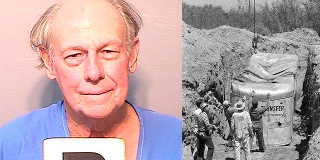 This Oct. 29, 2021, photo provided by the California Department of Corrections and Rehabilitation shows Frederick Woods. In this July 20, 1976, photo, officials remove a moving van buried at a rock quarry in Livermore, California, in which 26 Chowchilla school children and their bus driver, Ed Ray were held captive.