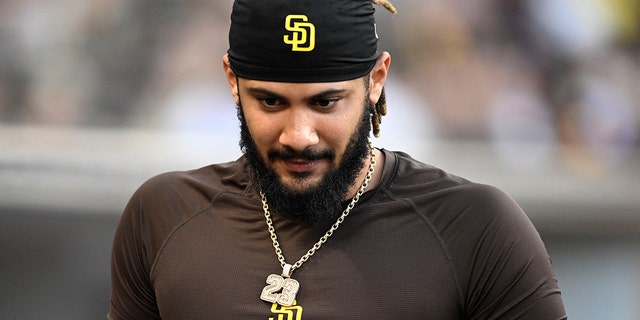 Fernando Tatis Jr., #23 of the San Diego Padres, looks on during a baseball game against the Philadelphia Phillies June 23, 2022 at Petco Park in San Diego.