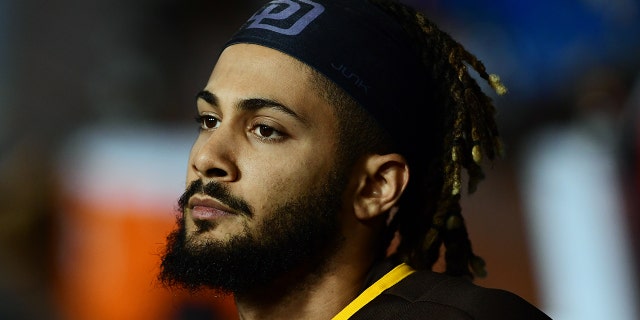 San Diego Padres Infielder Fernando Tatis Jr., #23, in the dugout during a game against the Los Angeles Dodgers played on September 29, 2021 at Dodger Stadium in Los Angeles.