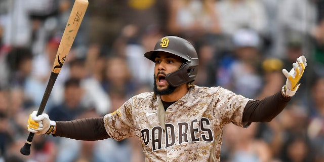 Fernando Tatis Jr., #23 of the San Diego Padres, reacts to a called third strike in the ninth inning against the Atlanta Braves at Petco Park on September 26, 2021 in San Diego.