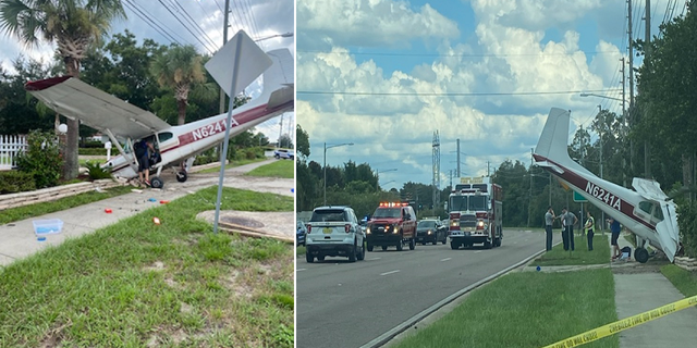 This split image from Orange County Fire Rescue shows first responders arriving at the scene of the plane crash on Friday, Aug. 19, in Orlando, Fla.