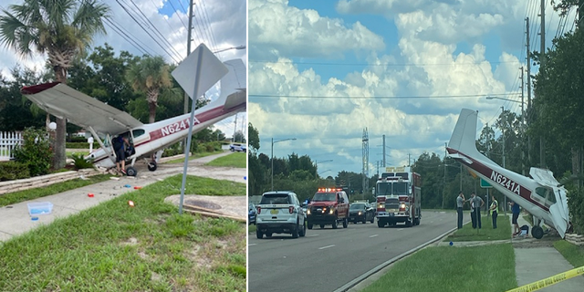 This split image from Orange County Fire Rescue shows first responders arriving at the scene of the plane crash on Friday, Aug. 19, in Orlando, Fla.