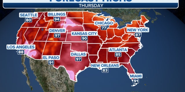 Forecast high temperatures across the country on Thursday